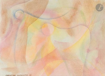 une peinture abstraite représentant une femme vêtue d'une robe jaune et rose
