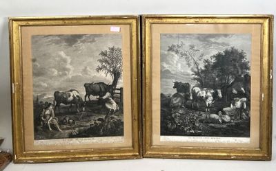 pair of 19th century engravings of cattle in a landscape by a stream