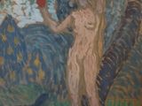 an oil painting of a woman holding an apple in her hand