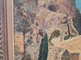 an image of a painting of a mountain scene with trees and buildings