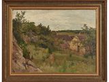 a painting of a farm scene with a house in the distance