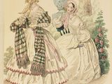 an old fashion plate with two women in dresses and a fan