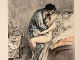 drawing of a man and a woman embracing on a bed