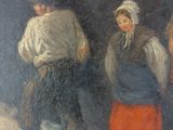 painting of a group of people walking on a beach with a dog