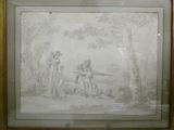 drawing of a man and a woman in a wooded setting with a dog