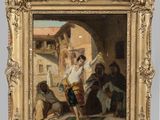 une image représentant un tableau où l'on voit un homme tenant une épée devant un groupe de personnes
