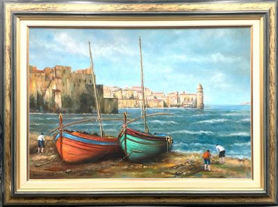 un tableau représentant deux bateaux sur la rive, au bord de l'eau