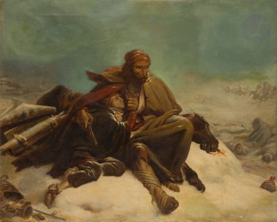 an image of a painting of a man and a woman sitting on a snow covered hill