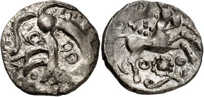 a silver coin with an image of a man and a woman on it