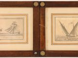 two framed drawings of ships in a wooden frame on a white background