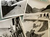 several black and white photos of people walking in the snow