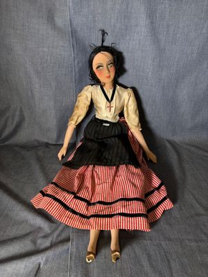 La poupée porte une robe rouge et blanche et des chaussures noires.