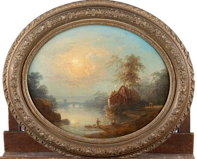 une image d'une peinture représentant une scène de rivière avec un bateau dans l'eau