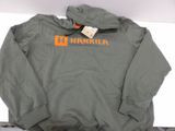 grey hoodie with orange harkila logo on the front