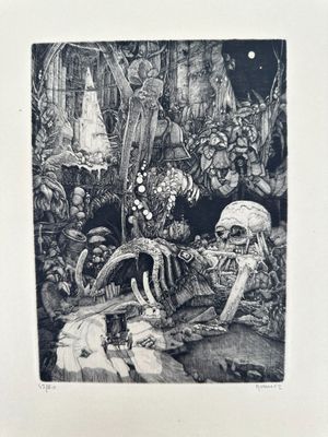 une image représentant un dessin en noir et blanc d'un squelette dans une grotte