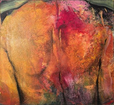 an oil painting of a woman ' s back with red paint on it