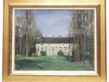 une peinture à l'huile représentant une maison dans un champ, avec des arbres au premier plan