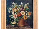 painting of a vase of flowers on a table with a blue background
