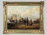 une peinture à l'huile représentant un groupe de personnes sur une plage, avec un bateau en arrière-plan