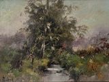 an oil painting of a stream running through a lush green field