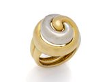 a close up of a gold and silver ring on a white surface