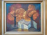 an oil painting of a house and trees in the fall