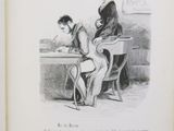 un livre ouvert sur lequel figure le dessin d'une femme et d'un garçon assis à un bureau