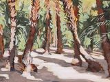 un tableau représentant un groupe de palmiers dans une forêt