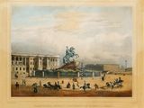an old painting of a horse and carriage in front of a building