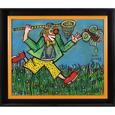 painting of a clown catching a bug with a net in a field of flowers