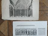 an old picture of a drawing of a group of people in front of a building