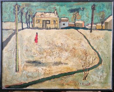 un tableau représentant une femme en robe rouge marchant dans la neige