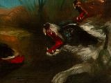 a painting of a dog chasing a dog with a frisbee in it ' s mouth