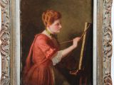 un tableau représentant une femme en robe rouge tenant un pinceau