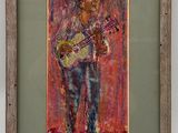 painting of a man playing a guitar in front of a red background