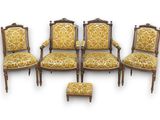 a set of four chairs and a stool with a yellow upholstered seat