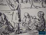 drawing of a group of people sitting on a beach next to a body of water
