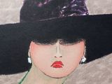 painting of a woman wearing a black hat and a green dress