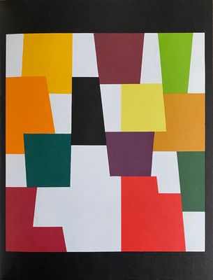 peinture représentant des carrés et des rectangles colorés sur fond noir