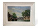 an oil painting of a river scene with a bridge in the background