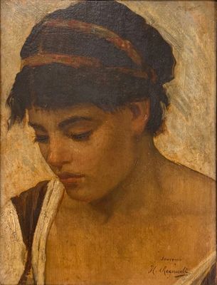 an oil painting of a young girl with a striped hat