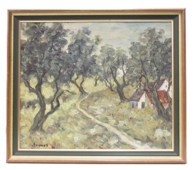 une image représentant un tableau où l'on voit des arbres et une maison dans un champ