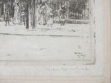 a black and white drawing of a group of people in a park