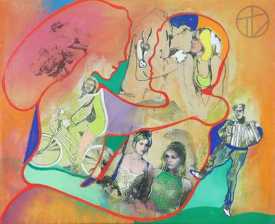 un tableau représentant un groupe de personnes sur un fond coloré