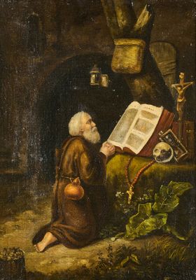 un tableau représentant un vieil homme en train de lire un livre dans une grotte