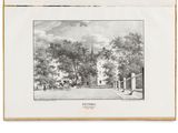 a black and white drawing of a church with trees in the foreground