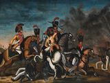 tableau représentant un groupe d'hommes à cheval devant un feu