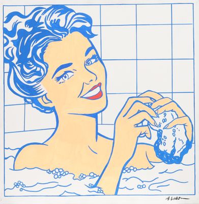 painting of a woman in a bathtub holding a donut in her hand