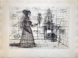 un dessin représentant une femme debout devant un immeuble