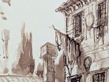 drawing of a street scene with a building and a horse drawn carriage